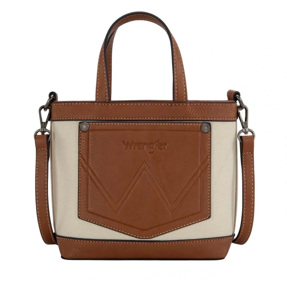 Wrangler Embossed Tan Canvas Mini Top Handle Crossbody Tote                  NWT - Picture 2 of 4